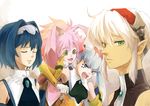  :3 aa_kuro angry animal_ears blue_eyes blue_hair bunny_ears closed_eyes detached_sleeves dominia_yizkor facial_tattoo green_eyes grey_hair hairband kelvena_(xenogears) multiple_girls pink_hair pointy_ears seraphita_(xenogears) short_hair sidelocks tattoo tolone_(xenogears) twintails white_hair xenogears 