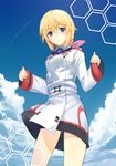  blonde_hair blue_sky charlotte_dunois cloud day infinite_stratos legs long_hair miz ponytail purple_eyes sky sleeves_past_wrists smile solo uniform 