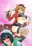  =_= absurdres animal_ears bdsm black_hair blonde_hair blush boots breasts cleavage dominatrix fishnet_legwear fishnets from_below garter_belt hat highres ken_tatsuki large_breasts multiple_girls murasa_minamitsu sailor sailor_hat short_hair thighhighs toramaru_shou touhou underboob whip yellow_eyes 