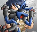  2005 anthro blue blue_eyes blue_hair claws cute fang hair human japanese_text karabiner lucario male pawpads pok&eacute;mon pokemon_trainer sir_aaron tears tickle translated 