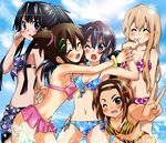  akira_(umihan) akiyama_mio bikini black_eyes black_hair blonde_hair blush bracelet breasts brown_eyes brown_hair cleavage closed_eyes front-tie_top headband hirasawa_yui jewelry k-on! kotobuki_tsumugi long_hair medium_breasts multiple_girls nakano_azusa navel one_eye_closed ponytail red_eyes short_hair side-tie_bikini side_ponytail small_breasts splashing swimsuit tainaka_ritsu twintails v 