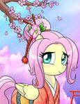  beautiful blush cherry_blossom cherry_blossoms chinese_dress chopsticks cord cyan_eyes digital_media_(art) equine female feral flower flower_in_hair fluttershy_(mlp) friendship_is_magic front_view hair hair_bun half-length_portrait horse japanese_clothing kimono looking_at_viewer madmax mammal mlp my_little_pony pegasus petals pink_hair pony quadruped scenic side_view smile solo standing tassels three-quarter_view tree unknown_artist wings 