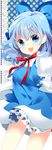  bad_id bad_pixiv_id bare_legs blue_eyes blue_hair cirno ribbon roh_nam_kyung short_hair smile solo touhou 