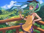  :o arm_support armpits bangs bare_shoulders dress face fan field flat_chest green_hair hair_ribbon hands landscape leaning_back long_hair nature orange_eyes original paper_fan ponytail railing ribbon scenery solo sumith sundress tan tanline uchiwa valley wind 