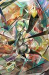  abstract absurdres arata_yokoyama armpits bare_shoulders blue_eyes cable detached_sleeves digital_media_player facepaint foreshortening green_hair hatsune_miku highres ipod long_hair middle_finger necktie solo thighhighs twintails vocaloid 