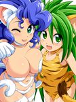  blue_hair breast_squish breasts cat_ears catgirl chamcham clothed clothing darkstalkers felicia_(darkstalkers) feline female green_eyes green_hair hair lala-kun looking_at_viewer mammal one_eye_closed samurai_spirits skimpy teeth tongue video_games wink 