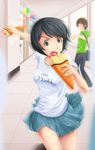  black_eyes black_hair clothes_writing crepe eating food food_on_face highres hiwatari marsh_(artist) open_mouth running shirt short_hair skirt solo_focus t-shirt yotsubato! 