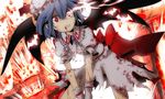  bad_id bad_pixiv_id blood blue_hair bow dress explosion glowing glowing_eyes hat red_eyes remilia_scarlet solo teeth torn_clothes touhou wings zen_o 