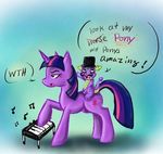  duo equine facial_hair female feral friendship_is_magic fur hair hat horn horns horse humor kiba-tekno long_hair look_at_my_horse male mammal musical_instrument mustache my_little_pony parody piano pony purple purple_fur purple_hair purple_scales scalie short_hair spade_tail spike_(mlp) tail top_hat twilight_sparkle_(mlp) unicorn unknown_artist 