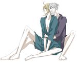  2boys bleach blonde_hair blue_eyes closed_eyes eyes_closed grin hair_over_one_eye hug ichimaru_gin japanese_clothes kimono kira_izuru multiple_boys silver_hair smile yaoi 