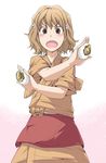  amayasan bad_id bad_pixiv_id balut blush brown_eyes brown_hair closed_eyes flower food hair_flower hair_ornament hanasaku_iroha japanese_clothes kissuisou_uniform matsumae_ohana nakai_(waitress) open_mouth short_hair solo 