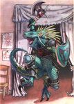  axe chair charging claws jumping lizard lizardman male moydodyr open_mouth reptile scales scalie shield solo soul_calibur tail tongue unknown_artist warrior weapon 