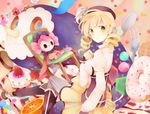  bad_id bad_pixiv_id blonde_hair candy charlotte_(madoka_magica) dessert doughnut drill_hair food fork from_behind fruit gyoe hat long_hair magical_girl mahou_shoujo_madoka_magica oversized_object pastry sitting smile spoon strawberry sweets thighhighs tomoe_mami twintails yellow_eyes 
