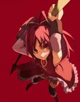  armpits arms_up boots bow detached_sleeves foreshortening from_above hair_bow knee_boots long_hair mahou_shoujo_madoka_magica nose_shade pepe_(jonasan) polearm ponytail red_background red_eyes red_hair sakura_kyouko smile solo spear thighhighs weapon 