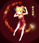  aerial_fireworks agent_no.9 aizawa_hikaru blonde_hair blue_eyes bracelet breasts china_dress chinese_clothes chinese_new_year cleavage cleavage_cutout double_bun dress fireworks hair_ribbon high_heels highres jewelry medium_breasts microsoft one_eye_closed ribbon shoes side_slit silverlight smile solo 