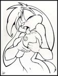  alex_spastic black_and_white breast_lick breasts female lagomorph lick monochrome rabbit solo tongue 