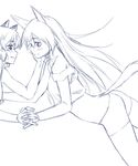  animal_ears blush couple eila_ilmatar_juutilainen eye_contact greyscale hand_on_another's_cheek hand_on_another's_face holding_hands looking_at_another monochrome multiple_girls off_shoulder sanya_v_litvyak satou_atsuki simple_background sketch strike_witches tail world_witches_series yuri 