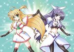  ahoge arisa_bannings bad_id bad_pixiv_id black_legwear blonde_hair blue_eyes gloves green_eyes hair_ornament hair_ribbon headband holding_hands long_hair lyrical_nanoha mahou_shoujo_lyrical_nanoha midriff multiple_girls navel oseenkoris pantyhose parody precure purple_hair ribbon sparkle star thighhighs tsukimura_suzuka 