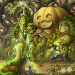  2girls blonde_hair charlotte_(seiken_densetsu_3) green healing highres jack-o'-lantern kevin leaf magic mispolm mokkemokke multiple_girls plant pumpkin riesz seiken_densetsu seiken_densetsu_3 staff vines 