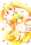  blonde_hair bow brooch brown_eyes choco_(moyasi) choker cure_sunshine hair_ornament hairclip heart heartcatch_precure! highres jewelry long_hair looking_at_viewer magical_girl midriff myoudouin_itsuki navel orange_choker petals precure ribbon simple_background skirt smile solo twintails white_background wrist_cuffs yellow yellow_bow 