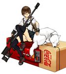  animal anti-materiel_rifle ar-50 arm_wrap backpack bag bandages bandaid black_eyes black_legwear brown_hair coca-cola dog fingerless_gloves flat_chest gloves gun highres joy_(joy-max) light_smile original panties pantyshot pleated_skirt product_placement rifle school_uniform scope serafuku shoes short_hair simple_background sitting skirt smile sneakers sniper_rifle solo striped striped_panties thighhighs underwear upskirt vending_machine weapon wolf 