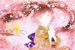  ame_(conronca) brown_hair bug butterfly cherry_blossoms clock flower gears hands_clasped highres insect japanese_clothes kimono light_smile long_hair original own_hands_together petals pink_hair robot solo symbol-shaped_pupils twintails upper_body yellow_eyes 