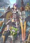  1girl deviljho drooling earrings fangs felyne grin happy jewelry monster_hunter monster_hunter_portable_3rd open_mouth pointing purple_eyes purple_hair rathalos_(armor) shield silver_rathalos_(armor) smile sword tantaka thighhighs water weapon zinogre 