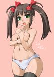  black_legwear blush bow bow_panties breasts brown_hair covering covering_breasts embarrassed fang green_eyes hair_bow kawacchi_hirohiro long_hair medium_breasts navel open_mouth original panties plump simple_background solo thighhighs twintails underwear underwear_only 