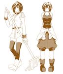  akizuki_(edss) aoi_hana_(oumagadoki_doubutsuen) baggy_pants bare_shoulders belt bob_cut boots clothes_around_waist epaulettes jacket_around_waist military military_uniform monochrome mop oumagadoki_doubutsuen pants short_hair smile tank_top thighhighs uniform 