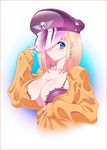  akiranime blonde_hair blue_eyes blush bra breasts chain cleavage earrings gradient_hair hat highres huge_breasts jewelry lingerie multicolored_hair non-web_source open_clothes open_shirt shirt skull solo source_request sweater underwear 