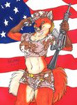  2007 camo canine female flag fox gun hat kalahari looking_at_viewer midriff military navel oorah open_mouth salute shorts skimpy solo tail tight_clothing weapon 