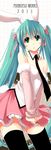  animal_ears aqua_hair bad_id bad_pixiv_id bare_shoulders bunny_ears bunny_tail detached_collar detached_sleeves green_eyes hair_ribbon hatsune_miku highres long_hair necktie ribbon skirt solo tail theta_(ponkotsu_works) thighhighs twintails very_long_hair vocaloid 
