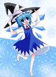  bad_anatomy barefoot blue_eyes cirno hat hat_ribbon open_mouth ribbon snow snowflakes snowing solo sugina_fujitaka touhou wings witch_hat 