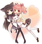  akebi_(kakororo) akemi_homura animal_ears black_hair boots bow cat_ears hair_bow hair_ornament hair_ribbon hairband heart high_heels hug kaname_madoka kyubey loafers long_hair magical_girl mahou_shoujo_madoka_magica mitakihara_school_uniform multiple_girls pantyhose pink_hair purple_eyes red_eyes ribbon school_uniform shoes short_twintails skirt thighhighs twintails white_legwear yuri zettai_ryouiki 