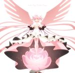  alternate_costume bad_id bad_pixiv_id boots bow dress flower full_body gloves hair_bow hands_on_own_chest kaname_madoka long_hair mahou_shoujo_madoka_magica pink_flower pink_footwear pink_hair pink_rose rose simple_background solo spoilers sumizuki thighhighs two_side_up ultimate_madoka very_long_hair wings yellow_eyes 