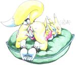  2003 anus ass_up butt butt_grab canine digimon digitigrade eyes_closed female fingering fox masturbation on_front penetration pillow pussy pussy_juice raised_tail renamon sawblade solo spread_legs spreading tail vaginal vaginal_penetration 