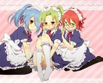  3boys blue_hair blush brown_eyes crossdress crossdressing glasses green_eyes green_hair grin hair_over_one_eye inazuma_eleven inazuma_eleven_(series) kazemaru_ichirouta kiyama_hiroto long_hair maid maid_headdress male male_focus midorikawa_ryuuji multiple_boys open_mouth pantyhose ponytail red_hair short_hair sitting smile sweat tears trap 