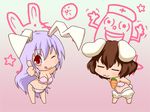  :3 ;q animal_ears arms_behind_back bloomers bra breasts brown_hair bunny_ears bunny_tail buri_hamachi carrot chibi inaba_tewi lingerie long_hair medium_breasts multiple_girls navel one_eye_closed panties purple_hair red_eyes reisen_udongein_inaba smile tail thumbs_up tongue tongue_out touhou underwear underwear_only unpopin yagokoro 