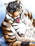  anthro karabiner male mammal solo tiger tongue wet_shirt whiskers 