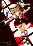  adapted_costume blonde_hair boots character_name dutch_angle fingerless_gloves flandre_scarlet gloves lanwee panties red_eyes solo sword tiara torn_clothes touhou underwear weapon white_gloves white_panties window wings 