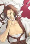  bad_id bad_pixiv_id bandages brown_hair chest closed_eyes hakuouki_shinsengumi_kitan harada_sanosuke_(hakuouki) japanese_clothes lying male_focus minato_(robin) open_clothes sarashi solo spill vial 