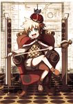  blonde_hair blush cape chair crown digital_media_player full_body green_eyes highres ipod itaru kagamine_len legs_crossed male_focus microphone open_mouth ponytail short_hair shorts sitting sleeves_past_wrist sleeves_past_wrists smile solo speaker speakers throne vocaloid 