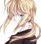  artoria_pendragon_(all) colored_eyelashes fate/zero fate_(series) formal green_eyes highres reverse_trap ryou_(pixiv779953) saber side_ponytail solo suit 