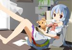  absurdres ahoge bad_id bad_pixiv_id barefoot blue_hair bow contemporary corded_phone cradling_phone highres hinanawi_tenshi indoors legs long_hair no_hat no_headwear off_shoulder paper pencil phone red_eyes sitting solo stuffed_animal stuffed_toy sunyukun talking_on_phone teddy_bear touhou very_long_hair 