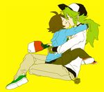  2boys baseball_cap brown_hair green_hair hat kiss long_hair multiple_boys n_(pokemon) pokemon pokemon_(game) pokemon_black_and_white pokemon_bw short_hair simple_background ten_(ch) touya_(pokemon) yaoi 