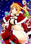  3girls alvin_(tales) bag bell blue_background christmas elize_lutus gift honey_(sango211) jude_mathis leia_rolando milla_maxwell multiple_boys multiple_girls red_nose rowen_j._ilbert santa_costume snow tales_of_(series) tales_of_xillia 