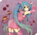  amputee aqua_eyes aqua_hair bad_id bad_pixiv_id bat_wings cake chizu_(fiute) detached_sleeves food fork garter_straps hatsune_miku long_hair necktie solo sweets thighhighs twintails very_long_hair vocaloid wings 