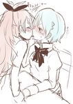  bad_id bad_pixiv_id blue_hair blush bow food long_hair mahou_shoujo_madoka_magica miki_sayaka mitakihara_school_uniform multiple_girls pocky pocky_kiss ponytail pun2 red_hair sakura_kyouko school_uniform shared_food short_hair sketch spot_color translated yuri 