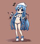  1girl bikini blue_eyes blue_hair boots chocolate hat ikamusume long_hair lowleg lowleg_bikini nabeyaki_neko navel shinryaku!_ikamusume solo squid swimsuit very_long_hair 