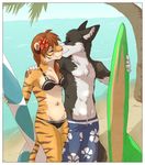  beach bikini black boris breasts brown brown_hair canine couple dog eyes_closed feline female flower_in_hair hair husky jailbird josepaw kissing long_brown_hair long_hair male navel ocean orange seaside skimpy straight stripes surfboard surfer tiger topless tropical unconvincing_bikini white 